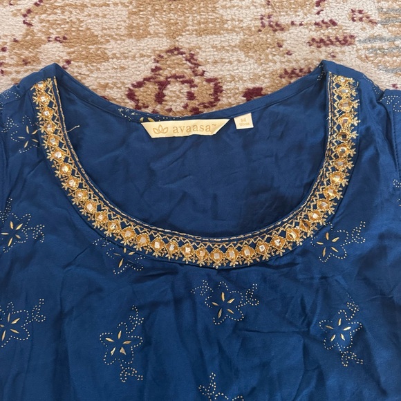 Avaasa India Women’s Blue Gold Bead Embellished Maxi Tank Dress Rayon Sz Medium - Picture 5 of 9